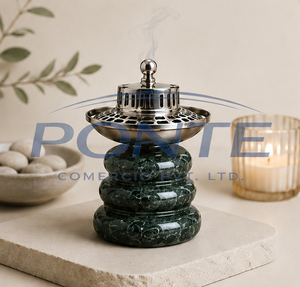 Quemador de incienso Bakhoor de mármol verde natural con tapa de acero inoxidable plateado, elegante incensario árabe para Oud y moderno soporte para fragancias para el hogar. - Product Image 5