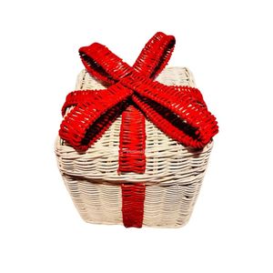 Cesta de regalo hecha a mano de ratán con lazo rojo, forma rectangular, estilo rústico, caja decorativa para el hogar y Navidad. - Product Image 1