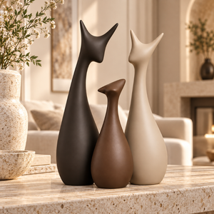 Ensemble de 3 sculptures abstraites de chats |   Figurines Artisanales Modernes en Aluminium Écologiques pour Salon, Bureau, Table Console - Product Image 4