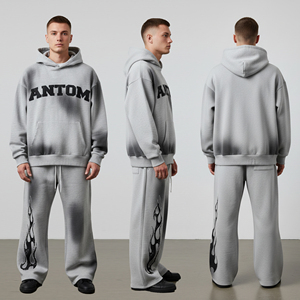 Ensemble survêtement gris oversize pour homme, coupe ample, streetwear, sweat-shirt et pantalon en coton à manches longues avec imprimé flamme - Product Image 5