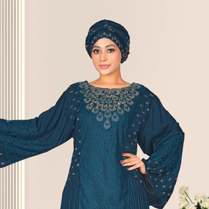 Vestido Maxi de Rayón Modesto para Mujer, Estilo Islámico de Oriente Medio, con Paneles de Red Rusos, Cuello Redondo y Manga Larga, para Eid - Product Image 2