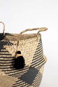<b>Foldable</b> Black Striped Seagrass Belly <b>Basket</b> with Tassel and Handle – Multifunctional Boho Vintage Storage Tote for Home Decor - Product Image 5