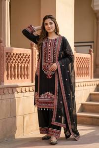 Salwar Kameez Pakistaní Negro Premium Bordado para Mujer, Kurta Recta de Diseñador con Dupatta de Algodón, Ropa Tradicional para Fiestas - Product Image 2