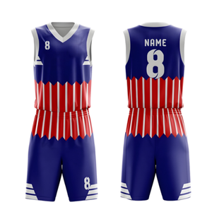 Ensemble d'uniformes de basketball personnalisés pour hommes, bleu, rouge et blanc, maillot sans manches à col en V, short à rayures, nom et numéro de l'équipe, kits en gros - Product Image 1