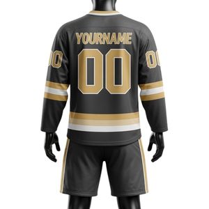 Men Black Gold Sublimated Ice Hockey V Neck Striped Jersey Shorts Set Polyester Sports Uniform Training Wear <b>Athletic</b> Team - Product Image 2