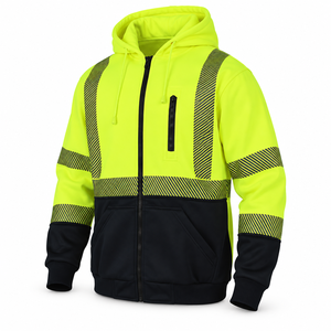 Veste de travail haute visibilité pour homme en polyester, coupe-vent, entièrement zippée, à capuche, avec panneaux réfléchissants contrastants et poche poitrine pour équipe de chantier (OEM) - Product Image 2