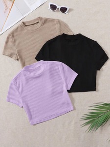 เสื้อครอปแขนสั้นผู้หญิง คอกลม สีพื้น ลำลอง ทรงเข้ารูป สีขาว สีดำ สีเบจ - Product Image 2