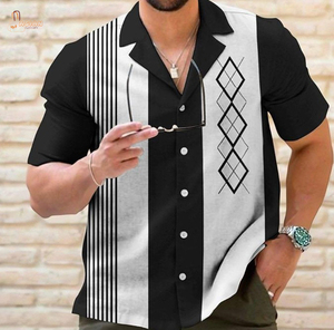 Men's Pattern Short Sleeve Casual Shirt Black White Striped Design Turn-<b>down</b> Collar Summer Breathable Poplin Fabric - Product Image 1