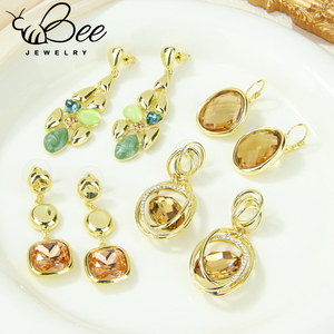 Vintage Retro French Style Big <b>Crystal</b> <b>Stud</b> <b>Earrings</b> 14k Colored Elegant Copper Long Drop <b>Earring</b> For Evening Party - Product Image 1