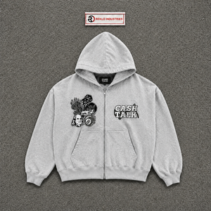 Sudadera con capucha con cremallera PREMIUM LIGHT GREY GRAPHIC CASH TALK, de forro polar oversize, informal, de color liso, de longitud regular, de algodón tejido, para otoño. - Product Image 5