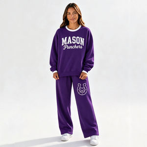 Blank Heavyweight Cotton Fleece Tracksuit Set <b>White</b> Cuff Trim Oversized Crewneck and Sweatpants Two Piece Set - Product Image 2