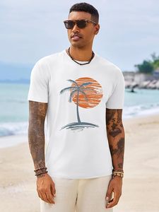 T-shirt en coton blanc pour homme avec imprimé palmier et coucher de soleil, manches courtes, col rond, coupe décontractée, tissu jersey respirant - Product Image 5