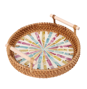 Round Mother of Pearl Inlaid <b>Tray</b> Handcrafted Durable Wood Rattan <b>Tray</b> for Home Decor and Wedding <b>Storage</b> <b>tray</b> - Product Image 4
