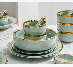 Vajilla de Porcelana Cerámica Premium de Lujo con Borde Dorado en Verde Aguacate, Superficies Lisas y Brillantes para Restaurantes y Hogar - Product Image 2