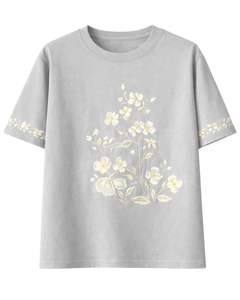 Camiseta Personalizada de Color Gris Claro con Estampado Floral para Mujer, Cuello Redondo de Algodón Suave, Manga Corta Informal, Top de Verano Ligero y Cómodo - Product Image 1