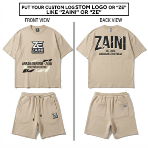ชุดเสื้อยืดโอเวอร์ไซส์และกางเกงขาสั้นสำหรับผู้ชาย ZAINI ผ้าโพลีเอสเตอร์ 100% เฟรนช์เทอร์รี่ ระบายอากาศได้ดี สีดำวินเทจฟอกซัก ลายนูน - Product Image 1