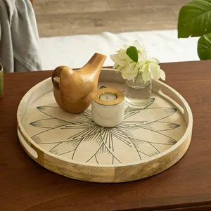 Plateau de service rond en bois le plus vendu artisanat artisanal de qualité avec motif imprimé pour la maison ou le service des aliments - Product Image 1