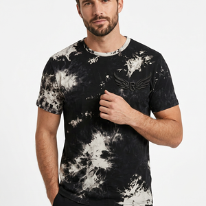 T-shirt à manches courtes tie-dye pour homme, col rond, coupe classique, tricoté, motif noir et blanc, logo au dos - Product Image 6