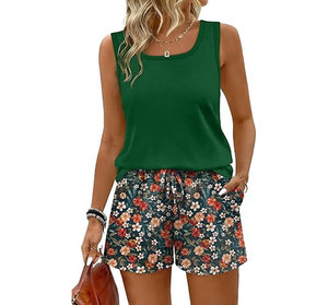 Two Piece <b>Sets</b> for Women Summer Lounge Short <b>Sets</b> Tank <b>Square</b> Neck Sleeveless Sweatsuit with Pocket - Product Image 1