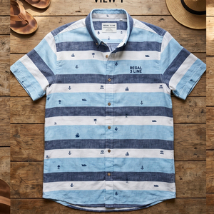เสื้อเชิ้ตแขนสั้นลายทาง Regal 3 Line สำหรับผู้ชาย คอปกเสื้อพับได้ เสื้อว่ายน้ำ เสื้อท็อปส์เด็กชาย ผ้าฝ้าย 100% เสื้อชายหาดฤดูร้อนสำหรับผู้ชาย - Product Image 1