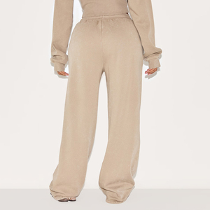 Pantalones de mujer de cintura alta y pierna ancha, 100% algodón, forro polar, con cordón, informales, de color liso, largos, para otoño, con MOQ bajo. - Product Image 5