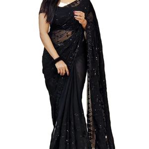 Sari de Seda Georgette de Diseño Moderno con Bordado Pesado, Lentejuelas y Diamantes para Mujer, para Fiestas y Festivales, por Fab Zone - Product Image 1