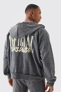 Sudadera con capucha y cremallera para hombre con logo personalizado, lavado ácido, peso pesado 500GSM, poliéster/algodón, hombro caído, estilo urbano, teñido liso para otoño - Product Image 2