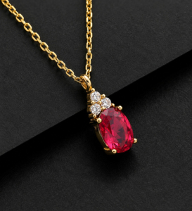 925 Sterling Silver 6x8mm Oval Shape <b>Ruby</b> Quartz Gold Plated Pendant <b>Necklace</b> With Cubic Zircon Women's Everyday Wear Link Chain - Product Image 1