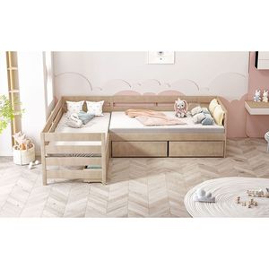 Letto a piattaforma a L naturale per bambini, con tre cassetti contenitore, misura Twin - Product Image 6