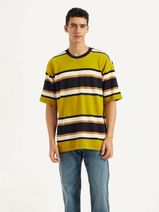 T-shirt rayé à manches courtes pour homme, col rond, coupe classique, tissu tricoté décontracté, jaune, blanc, orange, t-shirt surdimensionné - Product Image 1