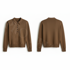 Polo en gros élégant marron en maille avec col boutonné, doux et confortable, à manches longues, décontracté, en coton et polyester - Product Image 2