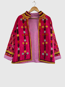 Floral Embroidered Velvet Jacket Mandarin Collar Full Sleeve Plus Size Women'<b>s</b> Autumn Wear - Product Image 1