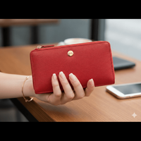 Dompet Wanita Kulit Sapi Merah Elegan WRIZA |   Desain Ramping dan Ringkas 7 Slot Kartu Anti RFID |   Perjalanan Pesta Linen Premium