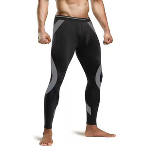 Leggings de compression pour hommes, longueur intégrale, noirs et gris, avec empiècements, taille élastique, en Spandex et Nylon, pour le fitness - Product Image 4