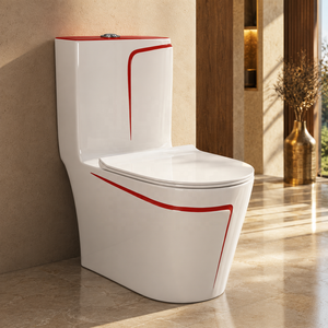 Inodoro Contemporáneo de Una Pieza con Línea Decorativa Roja, Descarga por Arrastre, Montado en el Suelo - Product Image 5