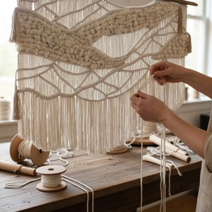 Bohemian Macrame Wall <b>Hanging</b> Natural Beige <b>White</b> Fringe Abstract Geometric Design Irregular Shape Living Room Decor - Product Image 5