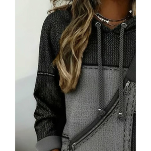 Sweat à capuche en maille color block avec fermeture éclair diagonale pour femme, style streetwear tactique, poche bandoulière, texture urbaine utilitaire - Product Image 2