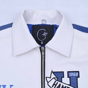 Overtime Hampton Real Leather Winter <b>Jacket</b> <b>Men</b> Blue <b>White</b> Embroidered Letter Logo Zipper Front Turn-down Collar Preppy Style - Product Image 6