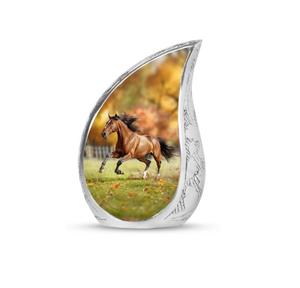 Urna Funeraria de Metal Plateado con Grabado de Carreras de Caballos, en Forma de Lágrima, para Cenizas Humanas de Adultos - Product Image 1