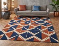 Moderner Woll-Teppich in Marineblau mit Geometrischem Dreieck-Diamant-Muster, Elfenbeinfarbene Lineare Akzente, Rutschfest und Umweltfreundlich