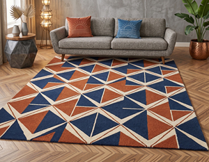 Tapis géométrique moderne en laine bleu marine, motif triangulaire entrelacé, tapis à motifs diamantés, accents linéaires ivoire, antidérapant, respectueux de l'environnement - Product Image 3