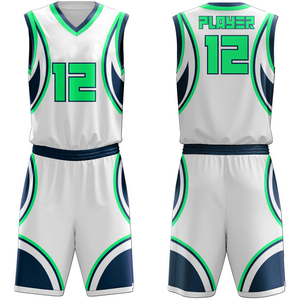 Ensemble d'uniformes de basket-ball personnalisés, blanc, vert, bleu marine, impression par sublimation, polyester respirant, maillot d'équipe unisexe pour adultes avec numéro 12 - Product Image 1
