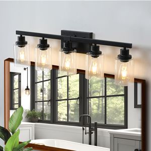 Applique da Parete Industriale Moderna Nera da 31 Pollici a 5 Luci per Bagno con Paralumi in Vetro Trasparente, Specchio e Illuminazione per Vanità - Product Image 1