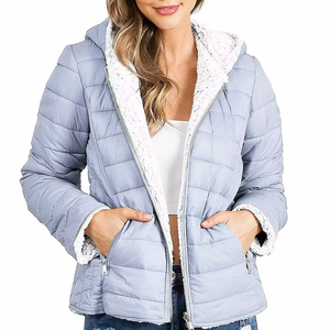 Women's Light Blue Quilted Jacket With Faux <b>Fur</b> Lined Hood Zipper Closure Full Sleeve Winter Warm Coat Regular Length - Product Image 1