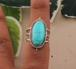 Wholesale Classic Party Long Oval Turquoise 925 Sterling <b>Silver</b> Rope Bezel Triple Split <b>Band</b> Gemstone <b>Ring</b> for Women - Product Image 2