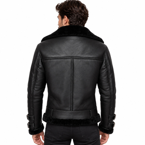 Veste de moto pour homme en cuir véritable respirant coupe-vent avec fermeture éclair, col rabattable, doublure en fausse fourrure, coupe classique, noir uni - Product Image 6