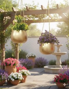 Pots de fleurs suspendus plaqués or avec chaînes pour décoration murale, design minimaliste moderne, jardinières pour plantes et fleurs d'intérieur - Product Image 4