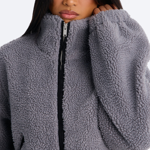 High Quality Women's Gray Teddy <b>Fleece</b> <b>Jacket</b> Winter Zipper Stand Collar Full Sleeve Thick <b>Warm</b> Cropped Streetwear Sherpa <b>Jacket</b> - Product Image 3