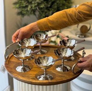 Plateau en bois écologique de luxe et bols à glace finis nickelés, vaisselle pour la maison, les restaurants, les mariages, les hôtels et le service. - Product Image 1