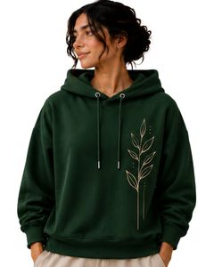 Sweat-shirt à capuche surdimensionné pour femme vert foncé, imprimé floral, en molleton de coton, manches longues, style décontracté streetwear - Product Image 1